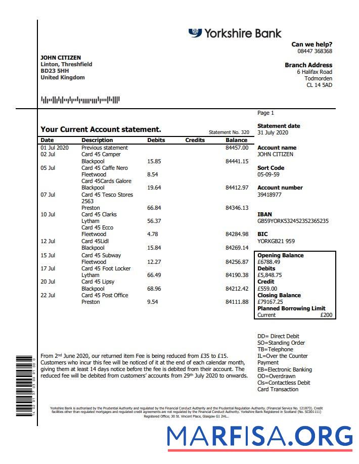 Realistic United Kingdom Yorkshire bank statement word template